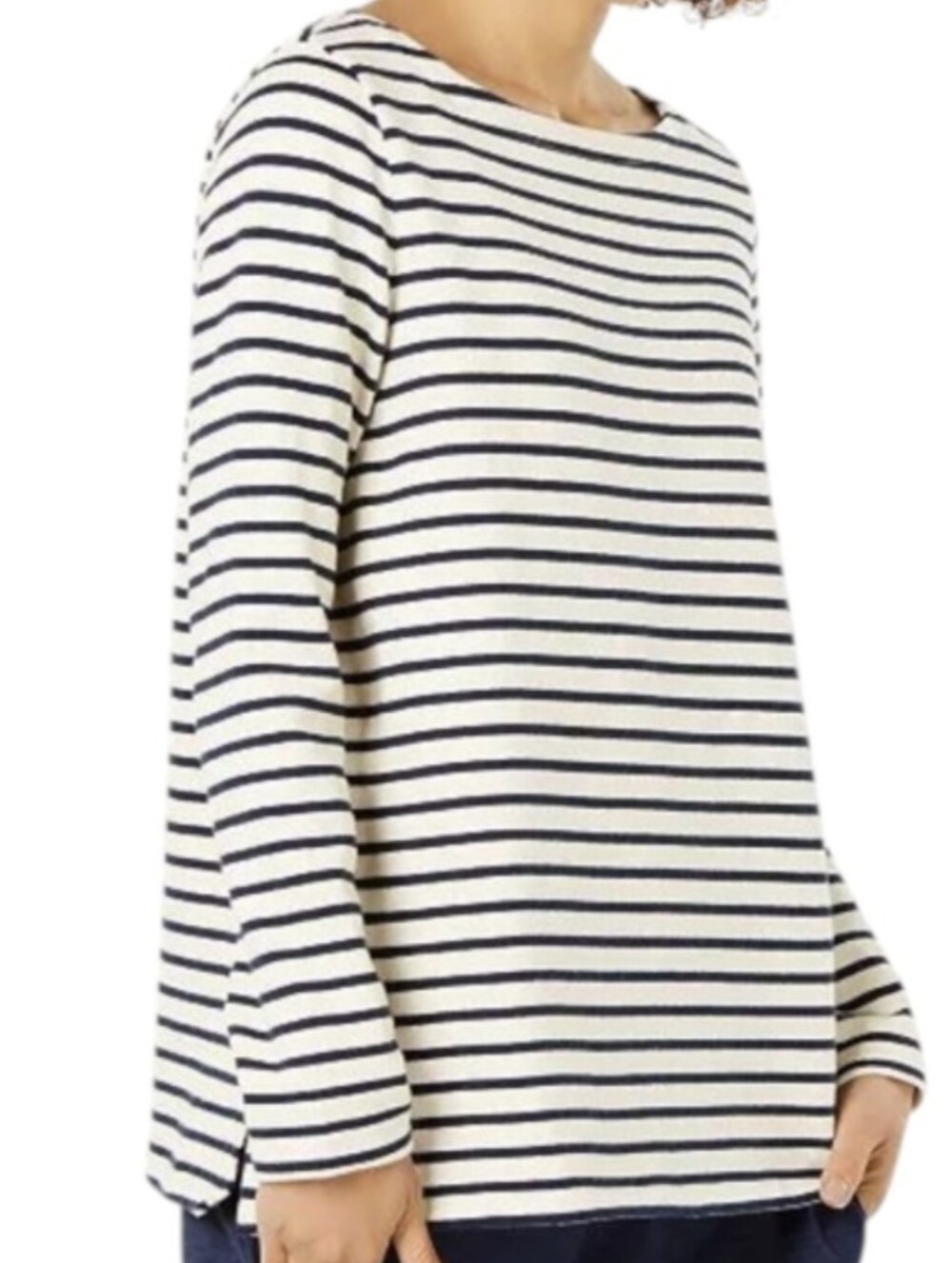 Eileen Fisher Organic Cotton Striped Boat-Neck Top Navy Blue White Women's Small
